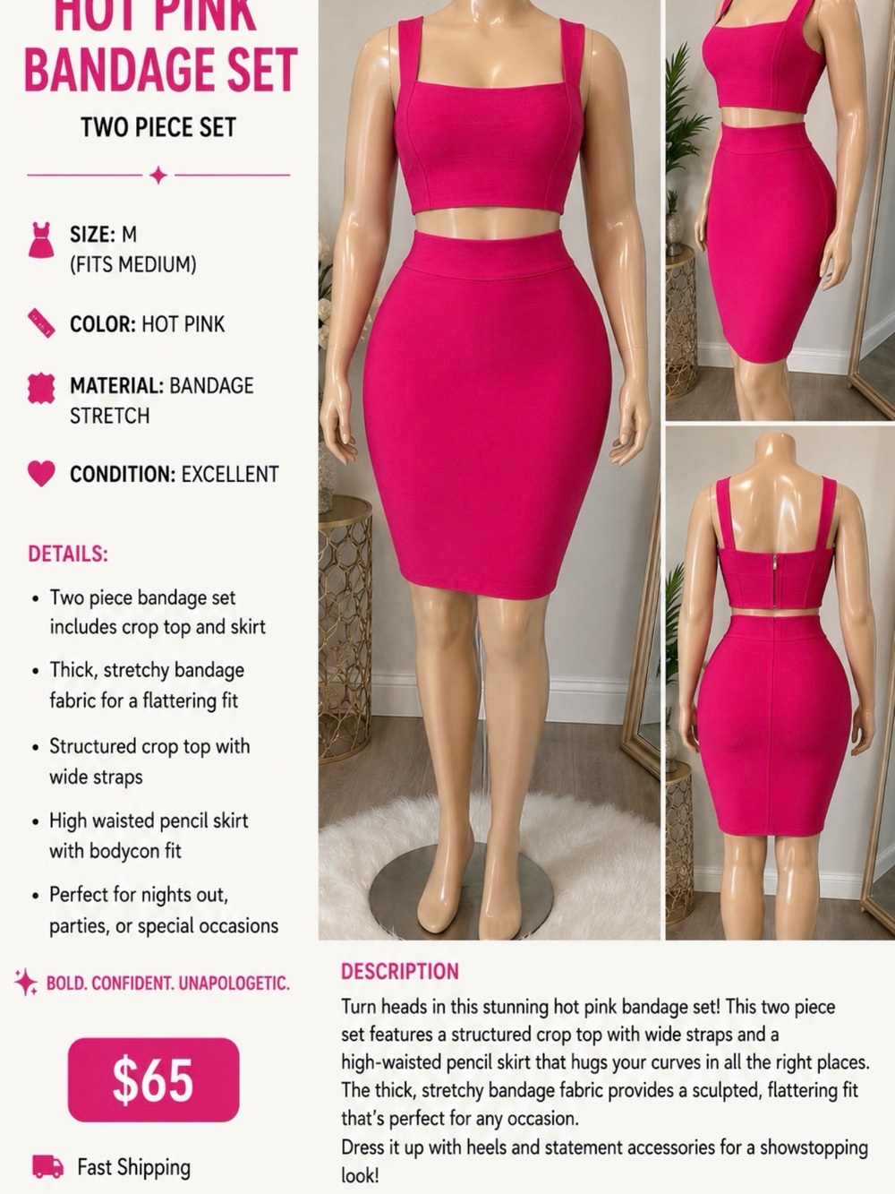 Hot Pink Bandage Pencil Skirt Two-Piece Set